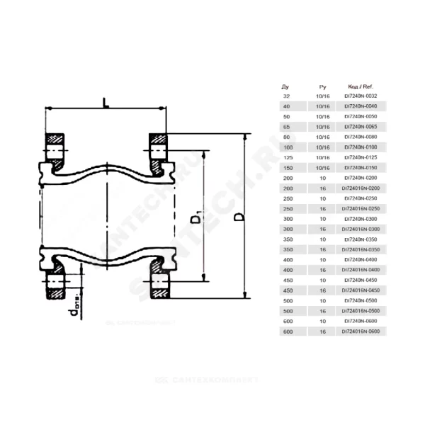 Компенсатор резиновый антивибрационный EPDM DI7240N Ру10 фл Tecofi